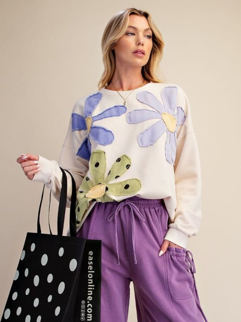 NEW IN - EASEL REGULAR Size Floral Patchwork Terry Knit Pullover